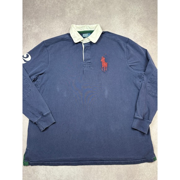 Polo Ralph Lauren Rugby Shirt 2XLT Tall Navy Big Pony Elbow Patch Preppy Classic